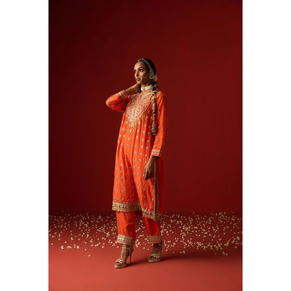 OHH CROW Orange Embroidered Crepe Kurta with Pant and Dupatta (Set of 3)