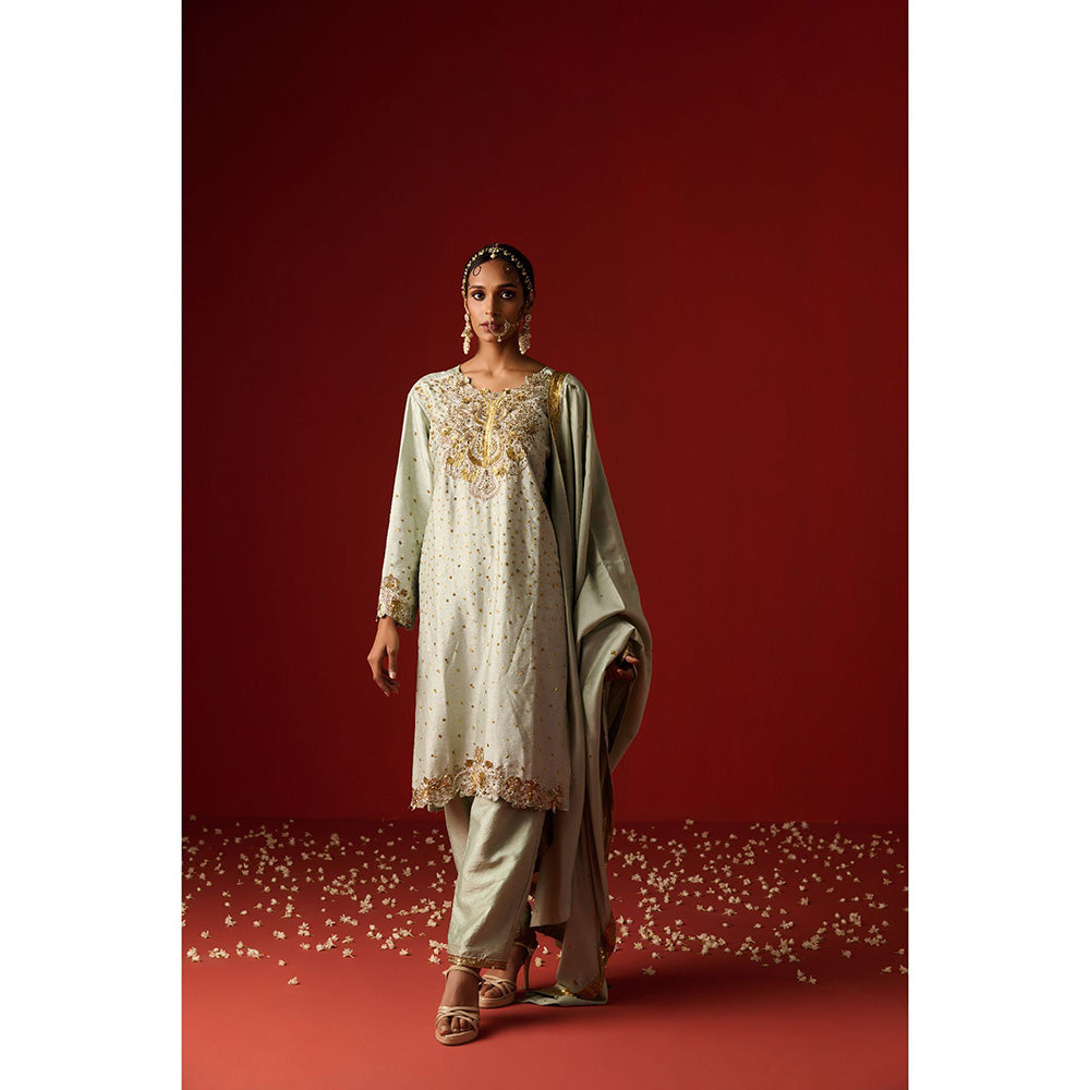 OHH CROW Green Embroidered Raw Silk Kurta with Pant and Dupatta (Set of 3)