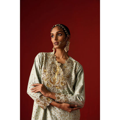 OHH CROW Green Embroidered Raw Silk Kurta with Pant and Dupatta (Set of 3)