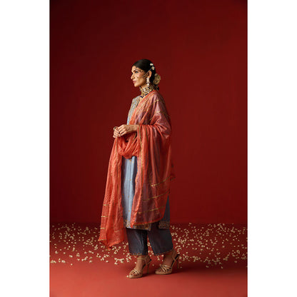 OHH CROW Blue Embroidered Raw Silk Kurta with Pant and Dupatta (Set of 3)