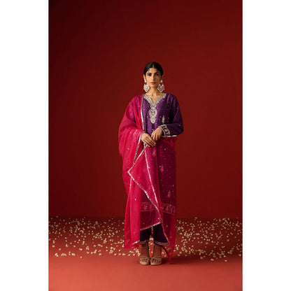 OHH CROW Purple Embroidered Raw Silk Kurta with Pant and Dupatta (Set of 3)