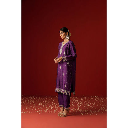 OHH CROW Purple Embroidered Raw Silk Kurta with Pant and Dupatta (Set of 3)