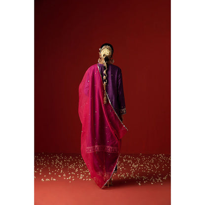 OHH CROW Purple Embroidered Raw Silk Kurta with Pant and Dupatta (Set of 3)