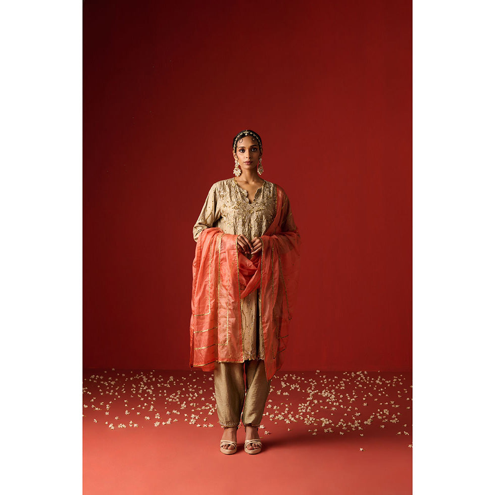 OHH CROW Beige Embroidered Raw Silk Kurta with Pant and Dupatta (Set of 3)