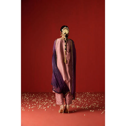 OHH CROW Pink Embroidered Raw Silk Kurta with Pant and Dupatta (Set of 3)