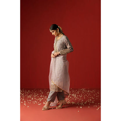 OHH CROW Grey Embroidered Cotton Silk Kurta with Pant and Dupatta (Set of 3)