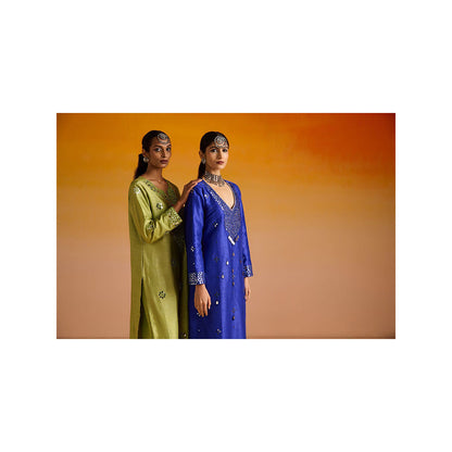 OHH CROW Blue Embroidered Raw Silk Kurta with Pant and Dupatta (Set of 3)