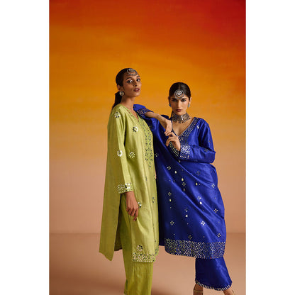 OHH CROW Blue Embroidered Raw Silk Kurta with Pant and Dupatta (Set of 3)
