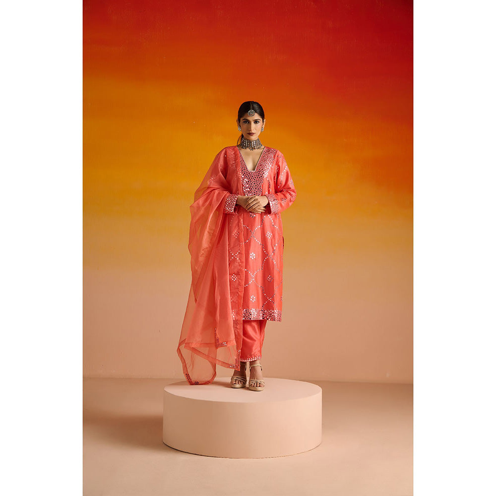 OHH CROW Peach Embroidered Raw Silk Kurta with Pant and Dupatta (Set of 3)