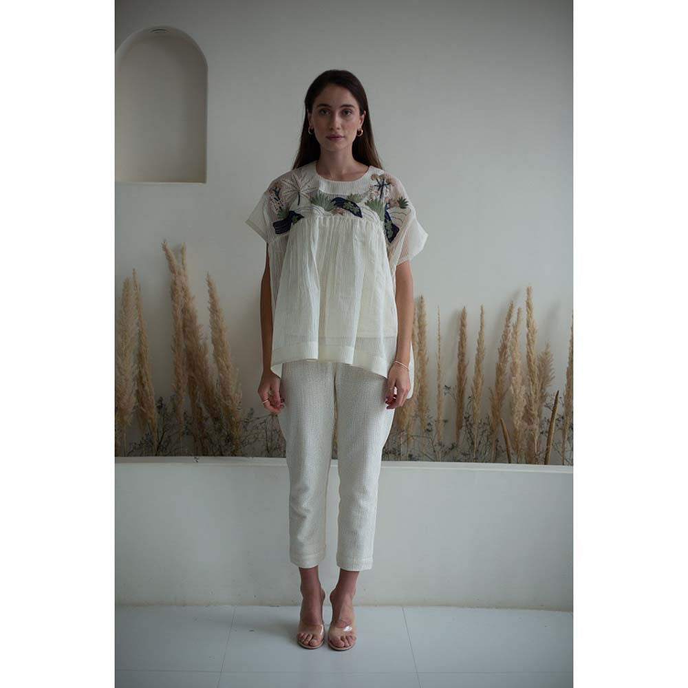 OJA Fern White Half Sleeve Embroidered Co-Ord (Set of 3)