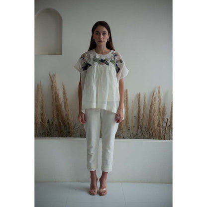 OJA Fern White Half Sleeve Embroidered Co-Ord (Set of 3)