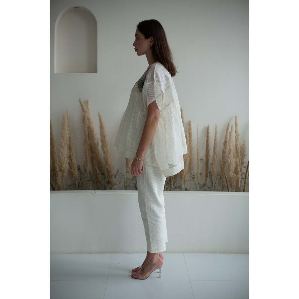 OJA Fern White Half Sleeve Embroidered Co-Ord (Set of 3)