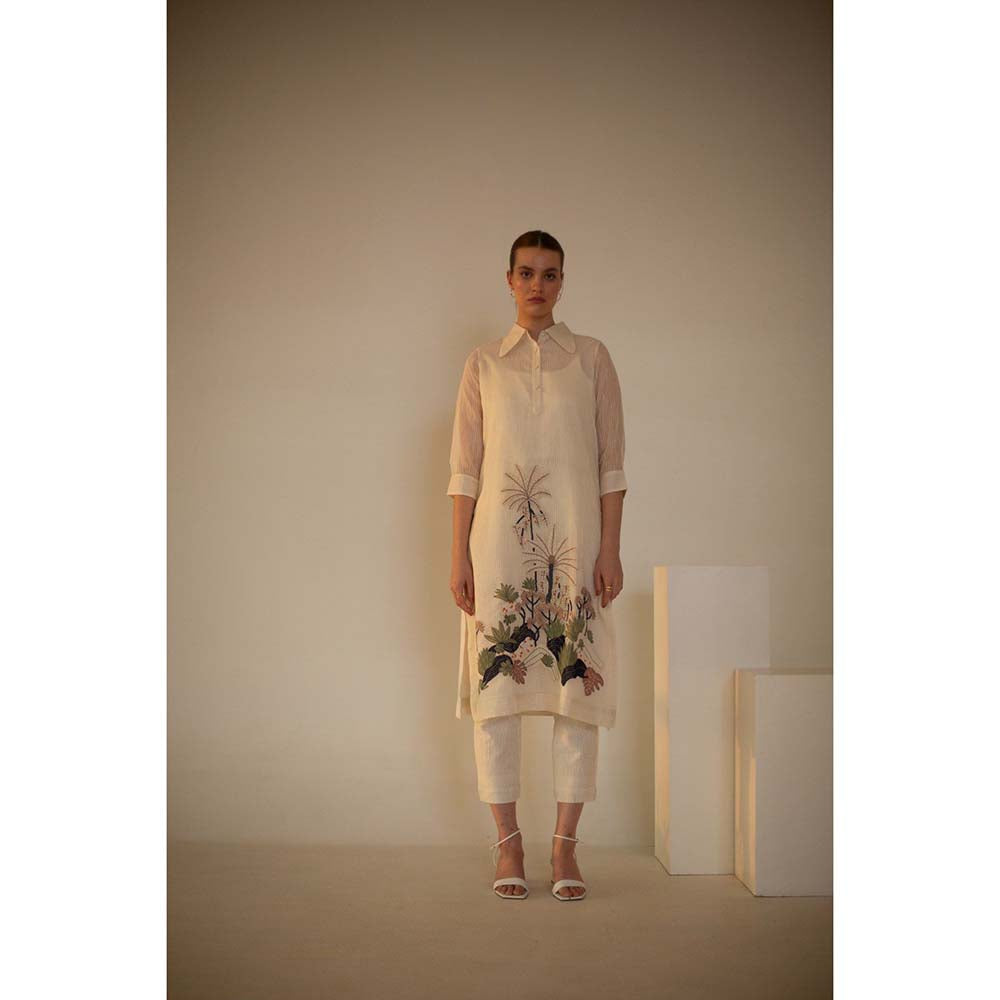 OJA Fern Ivory Embroidered Kurta and Pant (Set of 3)