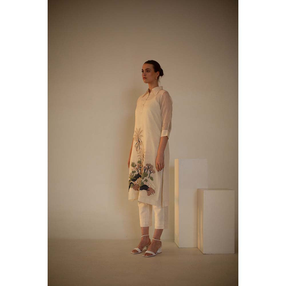 OJA Fern Ivory Embroidered Kurta and Pant (Set of 3)