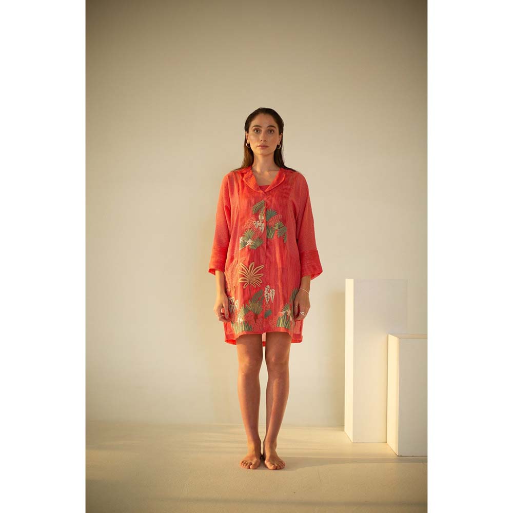 OJA Fern Coral Red Embroidered Co-Ord (Set of 3)
