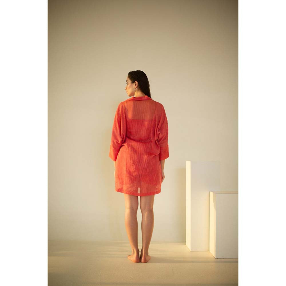 OJA Fern Coral Red Embroidered Co-Ord (Set of 3)