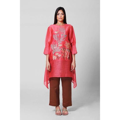 OJA Red Blossom Silk Kurta and Pant with Inner (Set of 3)