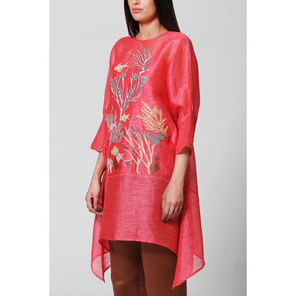 OJA Red Blossom Silk Kurta and Pant with Inner (Set of 3)
