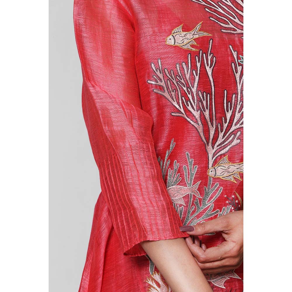 OJA Red Blossom Silk Kurta and Pant with Inner (Set of 3)
