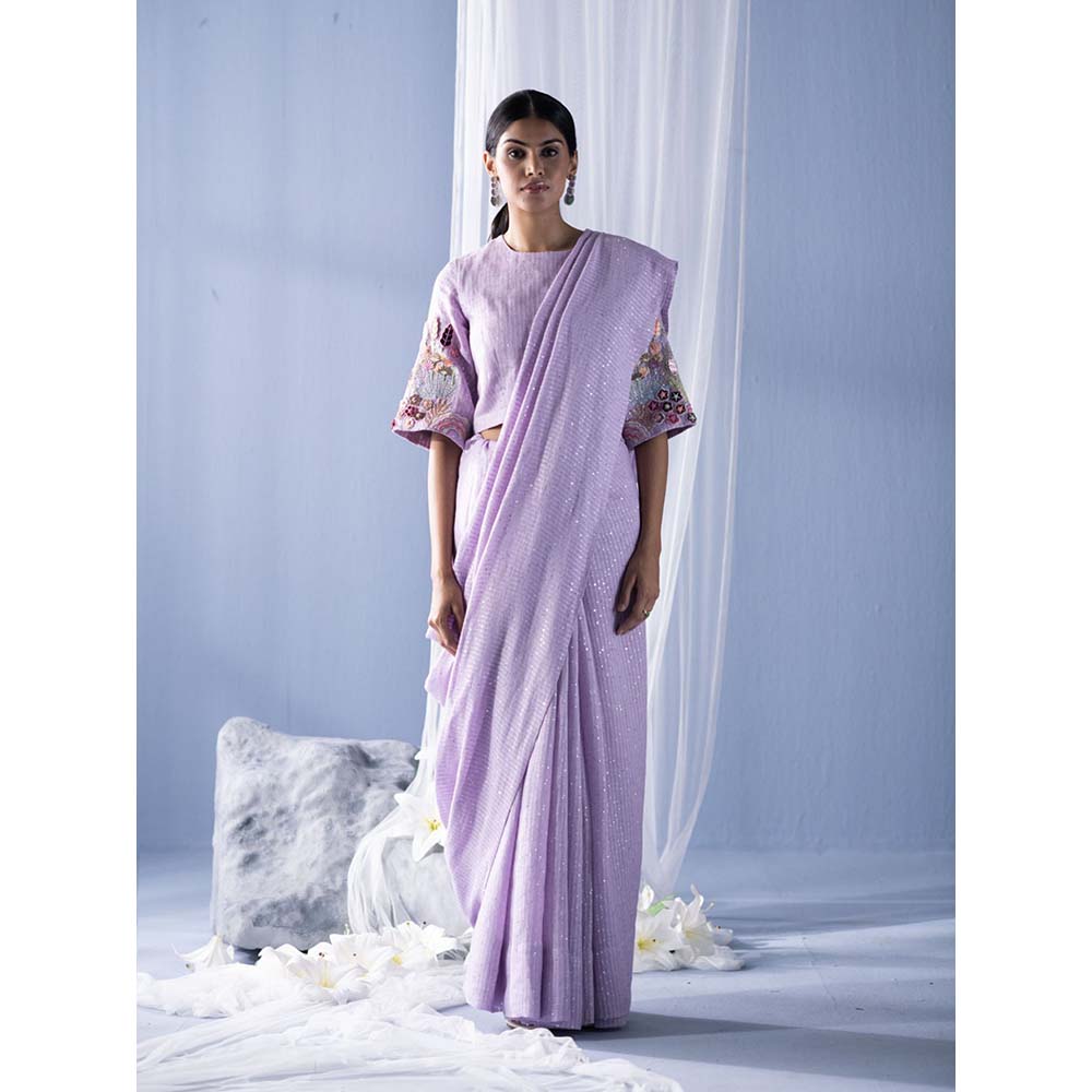 OJA Lavender Embroidered Saree with Stitched Blouse