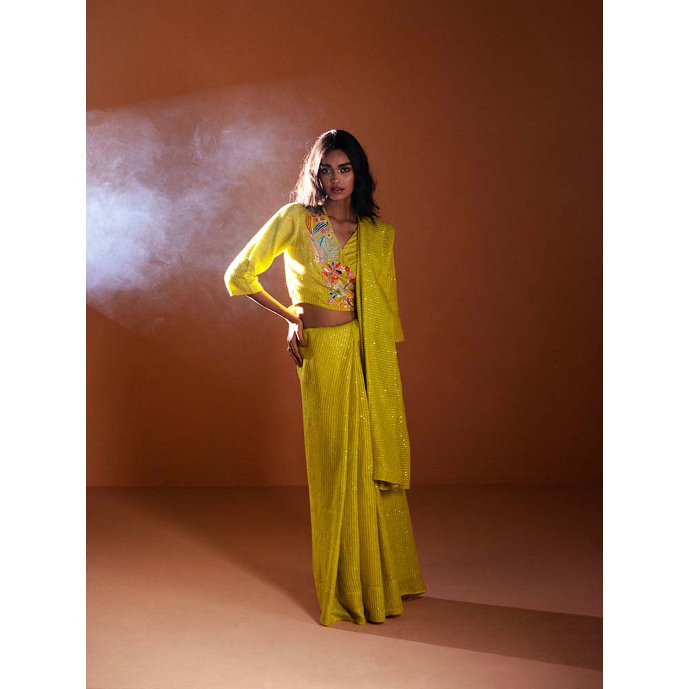 OJA Yellow Embroidered Saree with Stitched Blouse