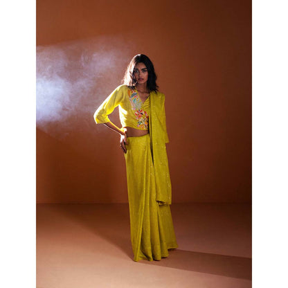 OJA Yellow Embroidered Saree with Stitched Blouse