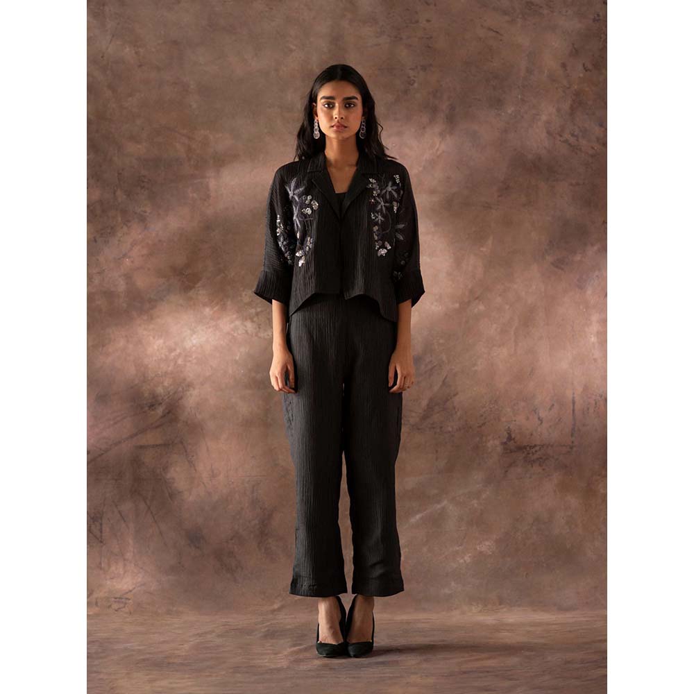 OJA Black Crop Jacket with Inner and Pant (Set of 3)