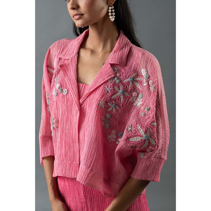 OJA Pink Crop Jacket with Inner and Pant (Set of 3)