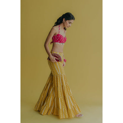 Old Marigold Aisha Yellow Cotton Embroidered Blouse With Sharara And Cape (Set of 3)