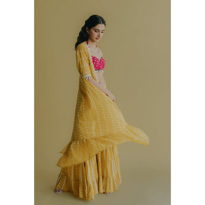Old Marigold Aisha Yellow Cotton Embroidered Blouse With Sharara And Cape (Set of 3)