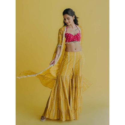 Old Marigold Aisha Yellow Cotton Embroidered Blouse With Sharara And Cape (Set of 3)