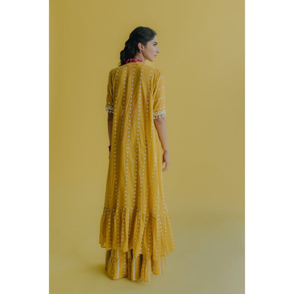 Old Marigold Aisha Yellow Cotton Embroidered Blouse With Sharara And Cape (Set of 3)