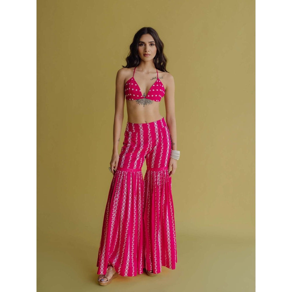 Old Marigold Alia Magenta Cotton Embroidered Blouse With Sharara (Set of 2)
