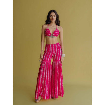Old Marigold Alia Magenta Cotton Embroidered Blouse With Sharara (Set of 2)