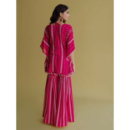 Old Marigold Alia Magenta Cotton Embroidered Kaftan With Blouse And Sharara (Set of 3)