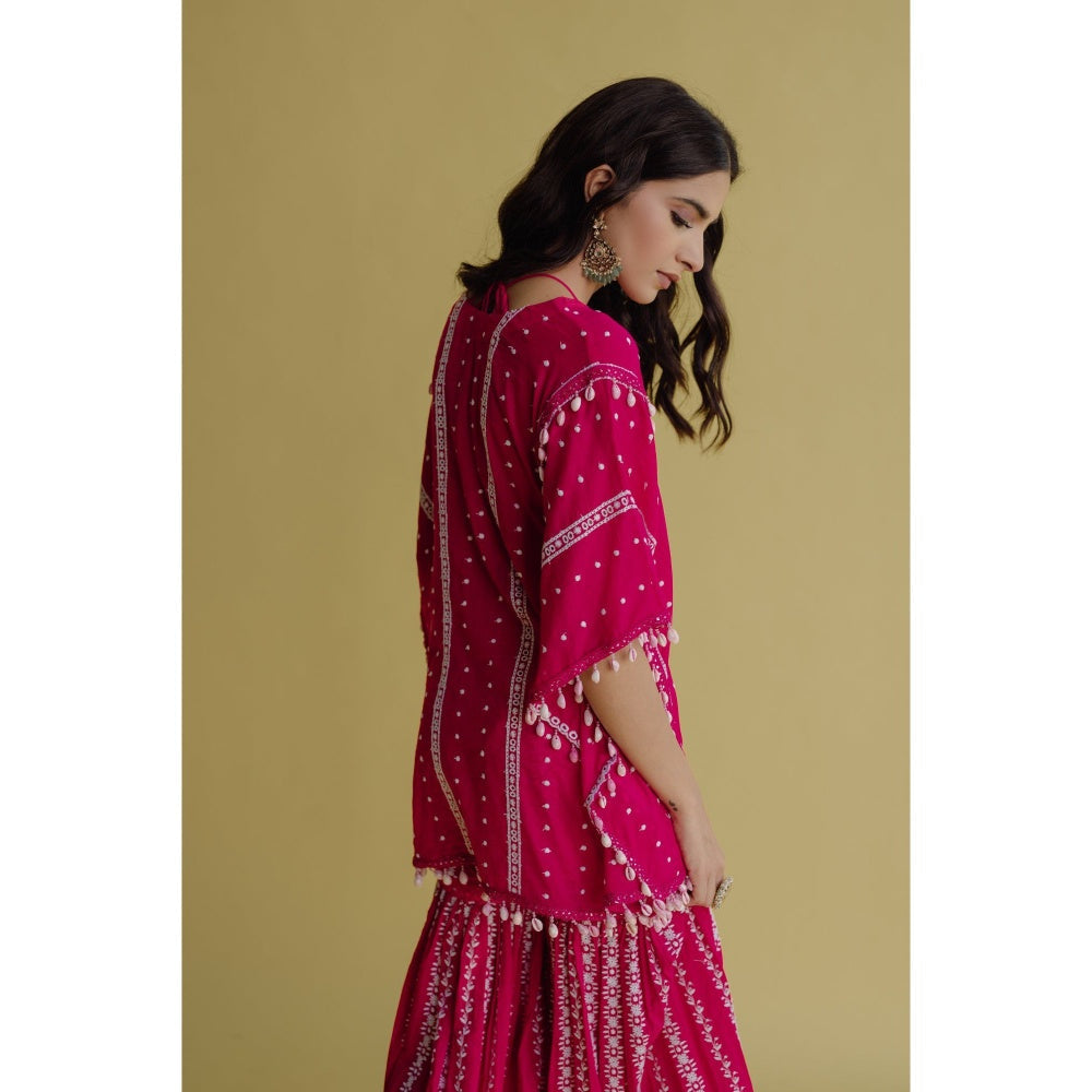 Old Marigold Alia Magenta Cotton Embroidered Kaftan With Blouse And Sharara (Set of 3)
