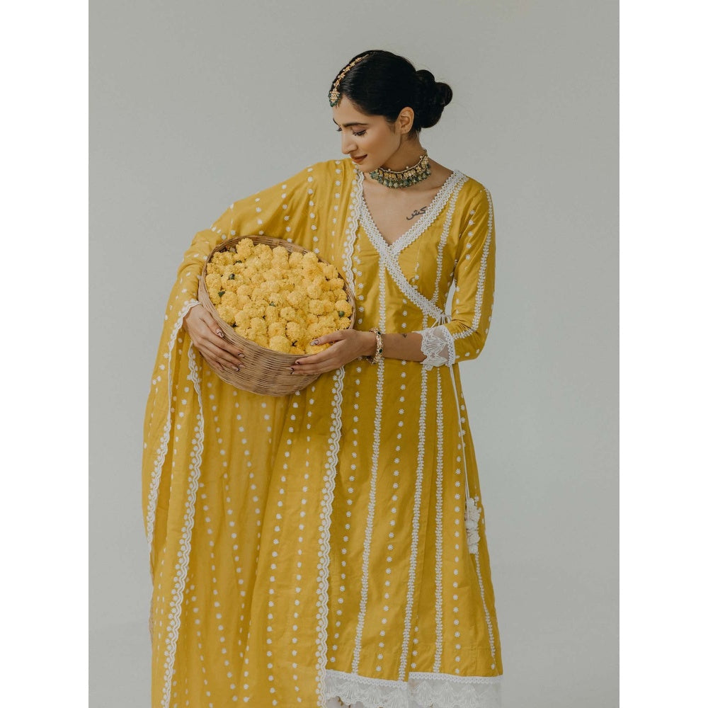 Old Marigold Amara Yellow Cotton Embroidered Angarkha Kurta With Pant And Dupatta (Set of 3)