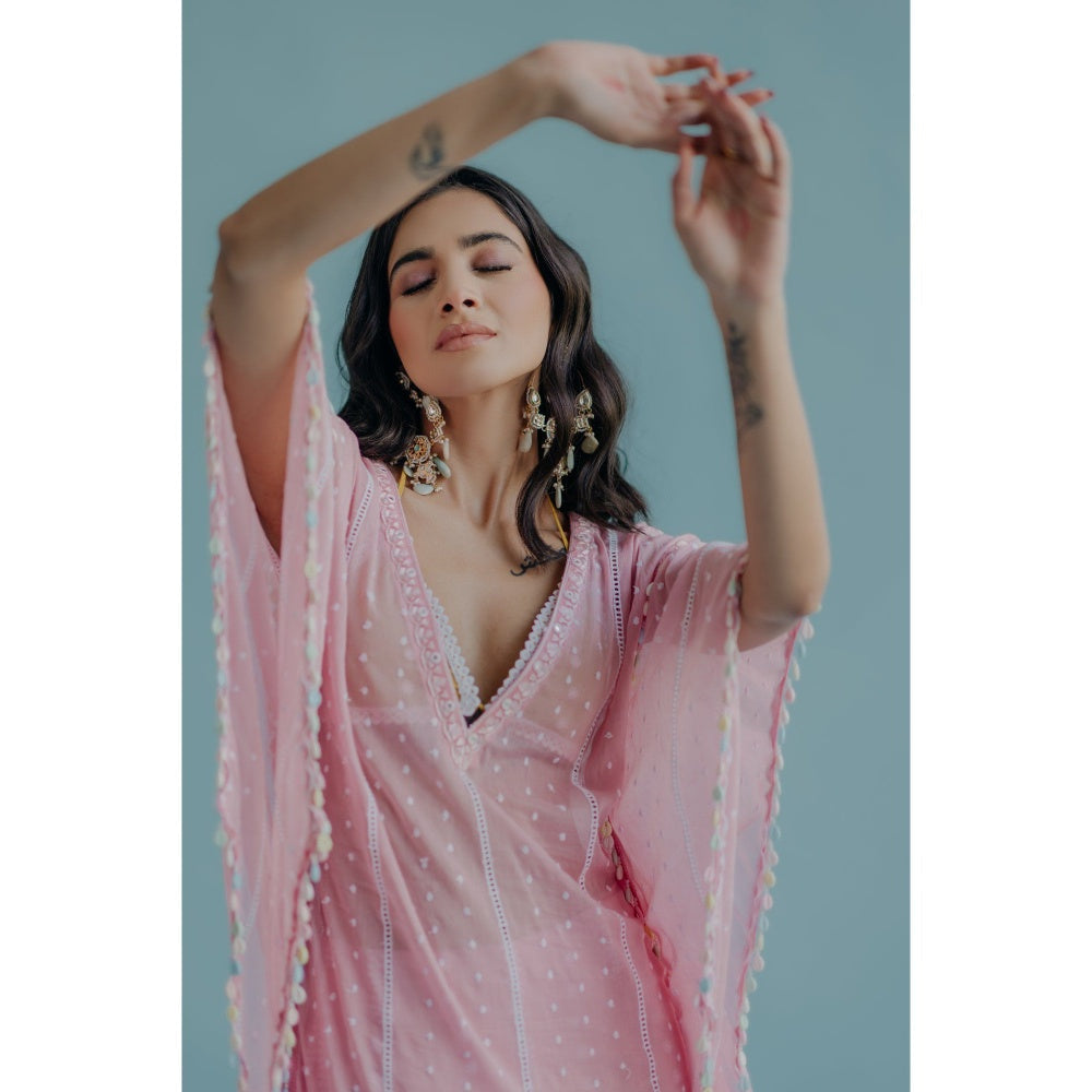 Old Marigold Laila Pink Cotton Embroidered Kaftan With Blouse And Sharara (Set of 3)