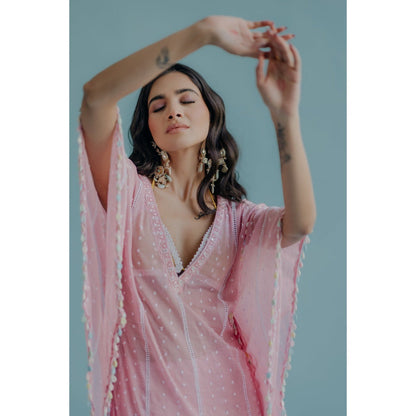 Old Marigold Laila Pink Cotton Embroidered Kaftan With Blouse And Sharara (Set of 3)