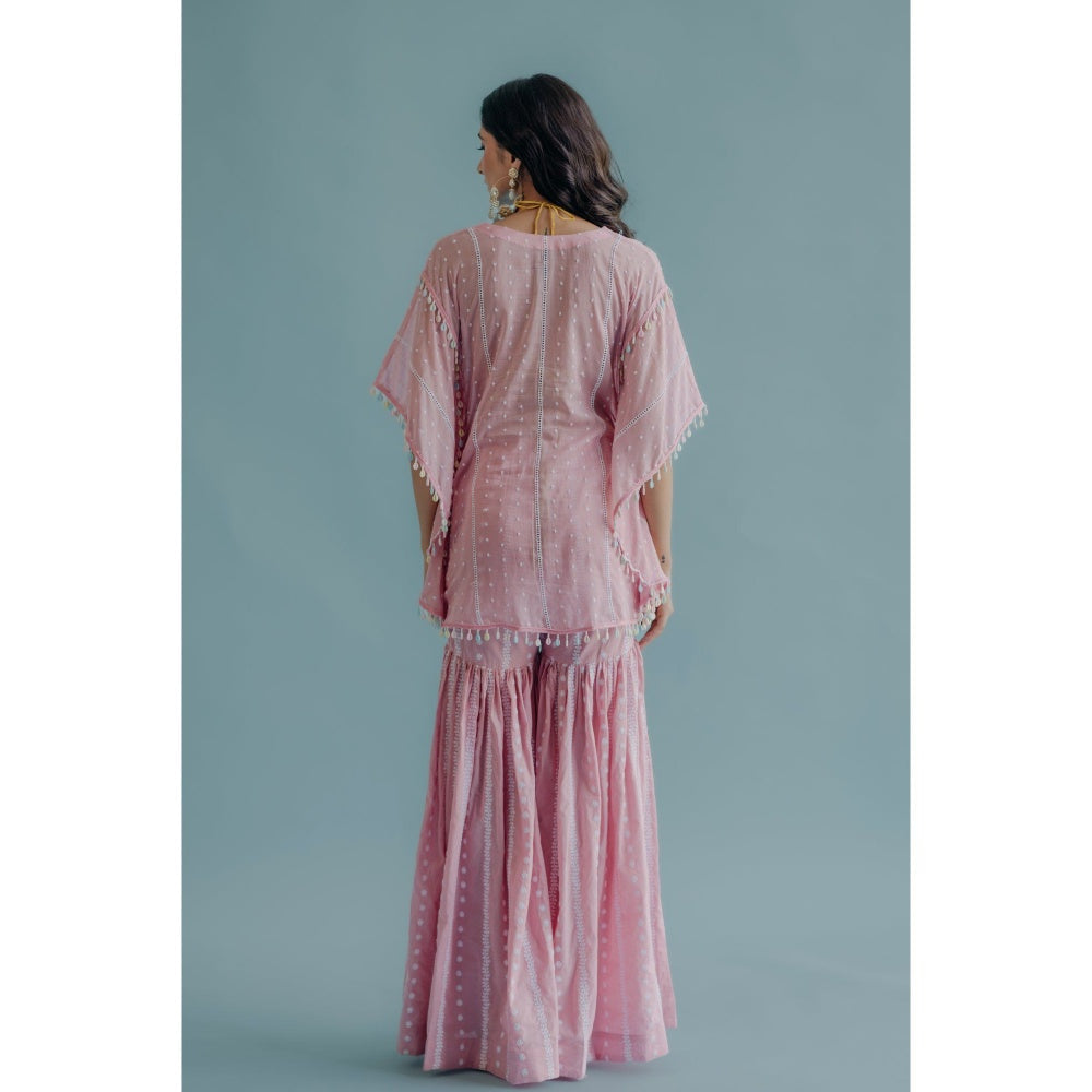 Old Marigold Laila Pink Cotton Embroidered Kaftan With Blouse And Sharara (Set of 3)