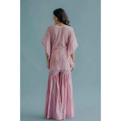 Old Marigold Laila Pink Cotton Embroidered Kaftan With Blouse And Sharara (Set of 3)