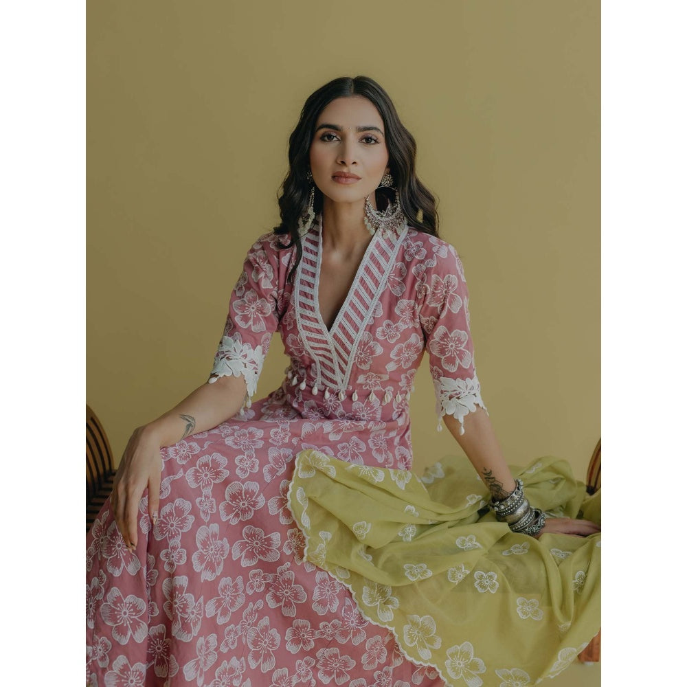 Old Marigold Meher Pink Cotton Floral Anarkali Kurta