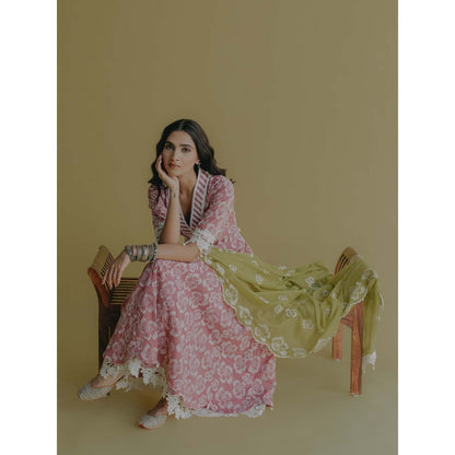 Old Marigold Meher Pink Cotton Floral Anarkali Kurta With Pant (Set of 2)