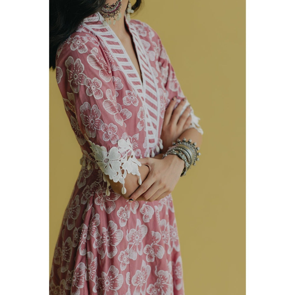 Old Marigold Meher Pink Cotton Floral Anarkali Kurta With Pant (Set of 2)