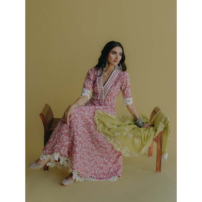 Old Marigold Meher Pink Cotton Floral Anarkali Kurta With Pant And Dupatta (Set of 3)
