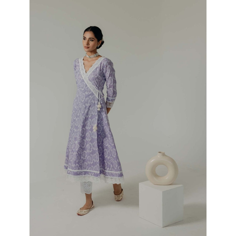 Old Marigold Naaz Lavender Cotton Floral Angarkha Kurta With Pant (Set of 2)