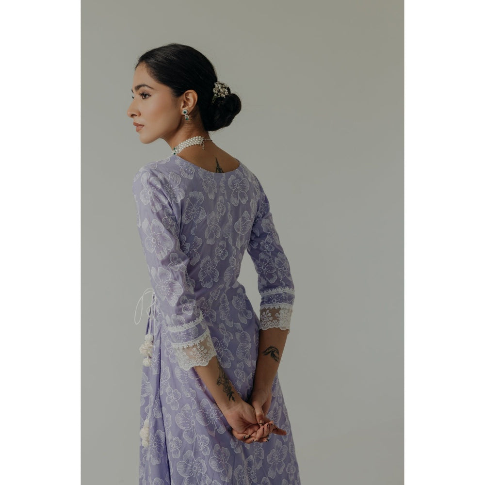 Old Marigold Naaz Lavender Cotton Floral Angarkha Kurta With Pant And Dupatta (Set of 3)