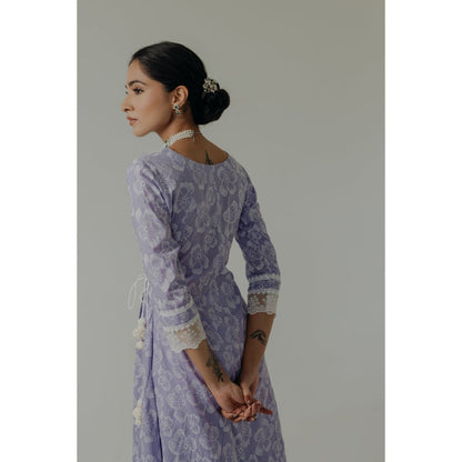 Old Marigold Naaz Lavender Cotton Floral Angarkha Kurta With Pant And Dupatta (Set of 3)