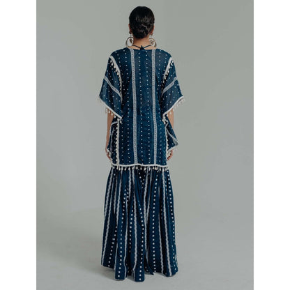 Old Marigold Saira Navy Blue Cotton Embroidered Kaftan With Sharara And Blouse (Set of 3)