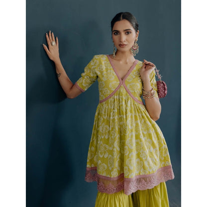 Old Marigold Shireen Yellow Cotton Floral Kurta With Sharara (Set of 2)